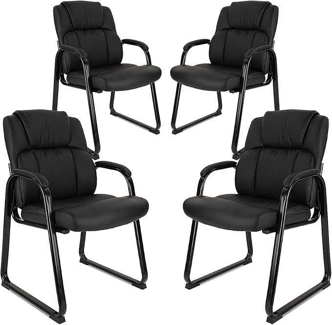 CLATINA Ergonomic Black Guest Chair with Arms Set of 4- Office Reception & Conference Seating, PU Leather Meeting Chairs with Sled Base for Waiting Rooms & Home Offices