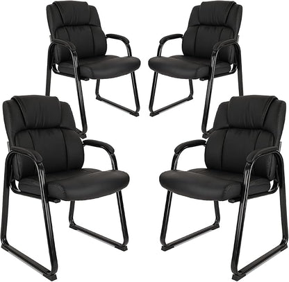 CLATINA Ergonomic Black Guest Chair with Arms Set of 4- Office Reception & Conference Seating, PU Leather Meeting Chairs with Sled Base for Waiting Rooms & Home Offices
