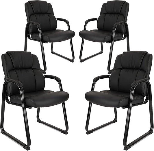CLATINA Ergonomic Black Guest Chair with Arms Set of 4- Office Reception & Conference Seating, PU Leather Meeting Chairs with Sled Base for Waiting Rooms & Home Offices