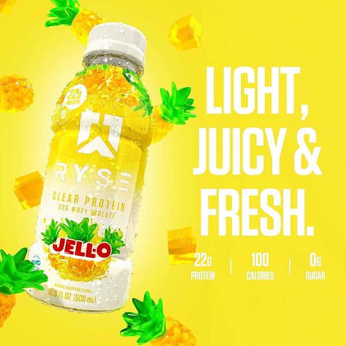 RYSE Clear Protein Drink - Jell-O Island Pineapple - 100 Calories, 22g Whey Isolate Protein Shake, Sugar-Free, 0g Fat & Lactose-Free - Refreshing Ready-to-Drink Beverage - 16.9 fl oz Bottles (12-Pack)
