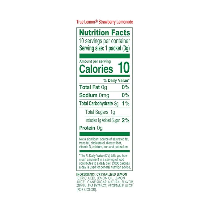 True Lemon Strawberry Lemonade Drink Mix, Made from Real Lemons, Low Calorie, Low Sugar, Lemonade Drink Mix, 10 Count, 1.06 oz (Pack of 12)