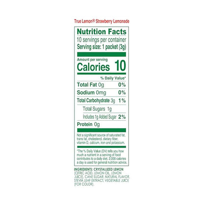 True Lemon Strawberry Lemonade Drink Mix, Made from Real Lemons, Low Calorie, Low Sugar, Lemonade Drink Mix, 10 Count, 1.06 oz (Pack of 12)