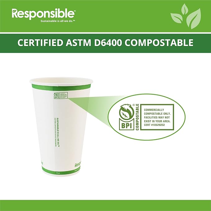 Responsible Products 16 oz Paper Hot Cups, Tree-Less™ Compostable Paper Coffee Cups, Extra Strength, Tree-Free and Made Without PFAS, White (1000 Count)