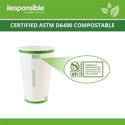 Responsible Products Certified Compostable 16 oz Paper Cups, Cold ＆ Hot Coffee Cups, Disposable Paper Cups, Extra Strength Disposable Cups, Made without PFAS (50 count)