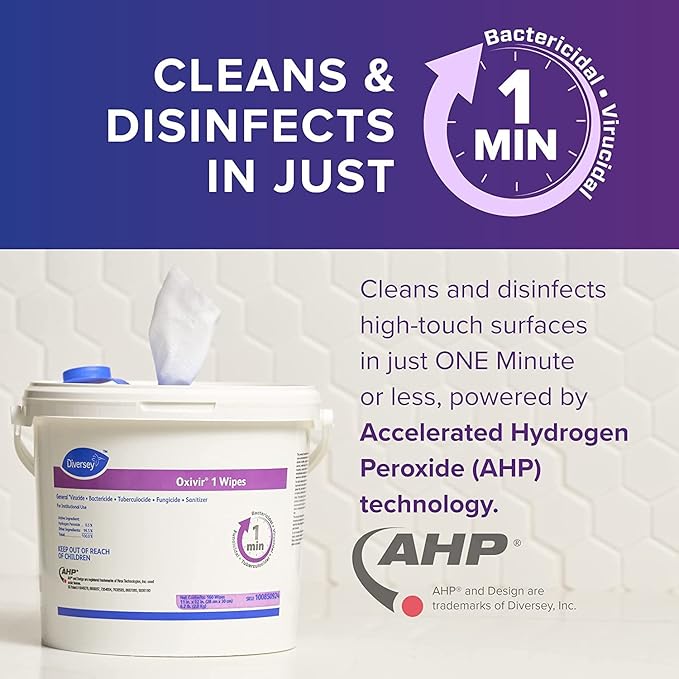 Oxivir Diversey 1 100850924 Disinfectant Cleaning Wipes, Virucidal, Pre-Moistened with Accelerated Hydrogen Peroxide AHP, Unscented, 160 Extra Large 11x12-Inch Wipes, 1-Bucket (Pack of 4)