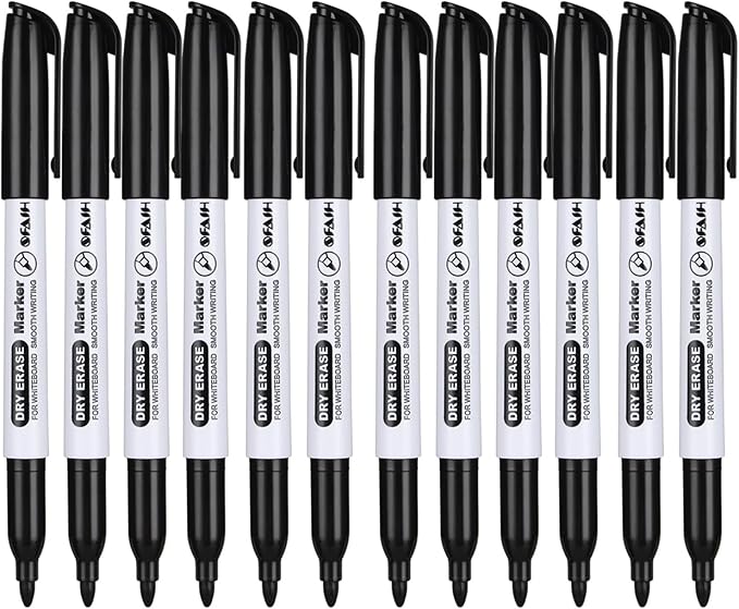 SFAIH Black Dry Erase Markers Fine Tip - 12 Pack Whiteboard Markers Standard Set For Office Teams, Teachers, Classrooms, Training Sessions | Low-Odor