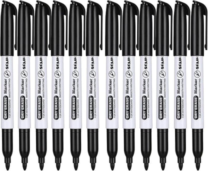 SFAIH Black Dry Erase Markers Fine Tip - 12 Pack Whiteboard Markers Standard Set For Office Teams, Teachers, Classrooms, Training Sessions | Low-Odor