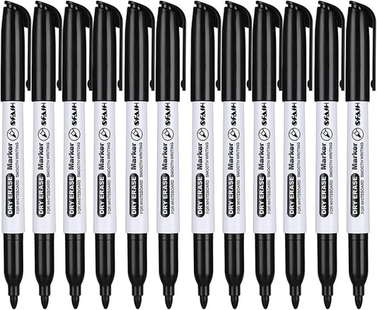 SFAIH Black Dry Erase Markers Fine Tip - 12 Pack Whiteboard Markers Standard Set For Office Teams, Teachers, Classrooms, Training Sessions | Low-Odor