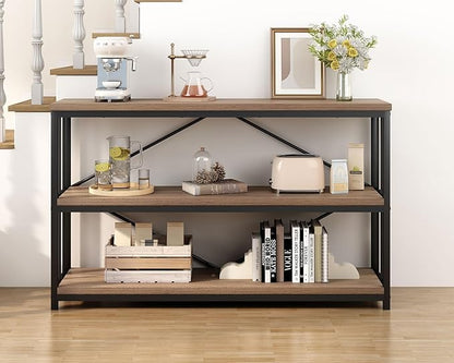 IBF 3 Tier Bookshelf Storage Organizer, Industrial Short Wide Open Horizontal Bookcase, Farmhouse Low Wood Metal Book Shelf for Office, Modern Vintage Etagere in Bedroom Living Room, Rustic Oak, 47 In