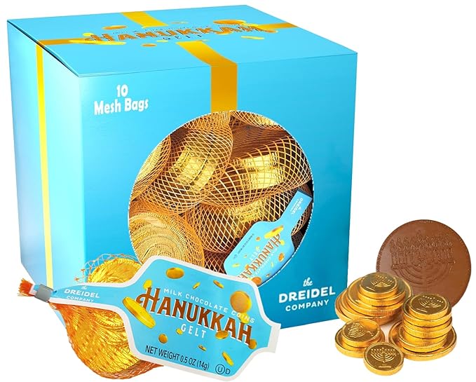 The Dreidel Company 20-Mesh Bags Original Hanukkah Chocolate Gelt Gold Coins, With Menorah And Dreidel Design, Made with Premium Belgian Milk Chocolate, Gluten Free, Non-GMO, Kosher Certified 20-Bags