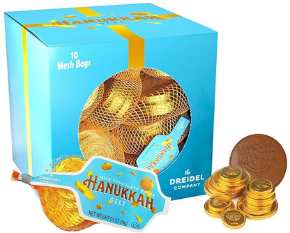 The Dreidel Company 20-Mesh Bags Original Hanukkah Chocolate Gelt Gold Coins, With Menorah And Dreidel Design, Made with Premium Belgian Milk Chocolate, Gluten Free, Non-GMO, Kosher Certified 20-Bags