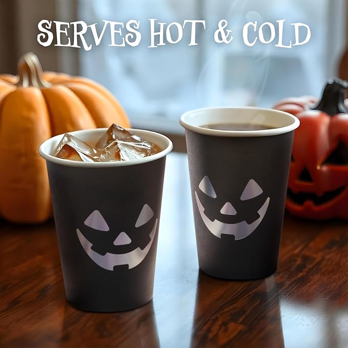 Halloween Disposable Paper Party Cups, Bulk 50 Pack, Leak-Resistant, 12 oz Hot and Cold Cups for Restaurants and Parties, Jack-O-Lantern, Black & Silver