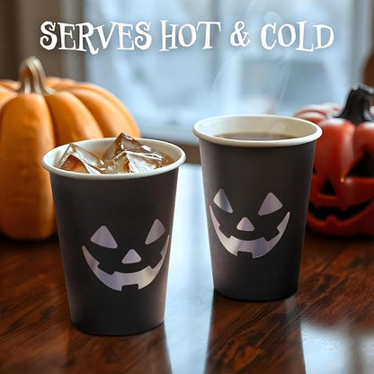 Halloween Disposable Paper Party Cups, Bulk 50 Pack, Leak-Resistant, 12 oz Hot and Cold Cups for Restaurants and Parties, Jack-O-Lantern, Black & Silver