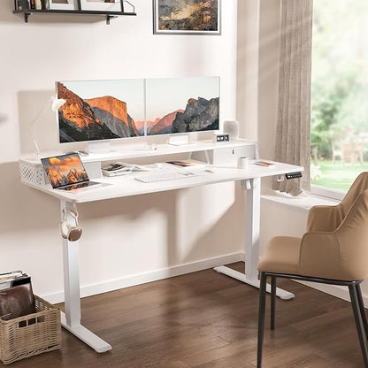 55 x 24 Inch Standing Desk with 2 Drawers, Easily Assembled Height Adjustable Desk, Ergonomic Sit to Stand Electric Desk for Home Office Workstation, White