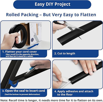 Cord Cover Floor 6ft Black, PVC Floor Cable Cover, Cord Hider Floor Cord Protector Prevent Cable Trips & Protect Wires, Floor Cable Management Hide Cords on Floor, Cord Cavity - W0.47 x H0.28
