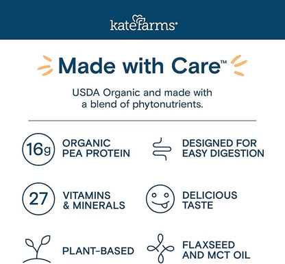 KATE FARMS Organic 1.0 Sole-Source Nutrition Shake, Chocolate, 16g Protein, 27 Vitamins and Minerals, Meal Replacement, Protein Shake, 11 oz (12 Pack)