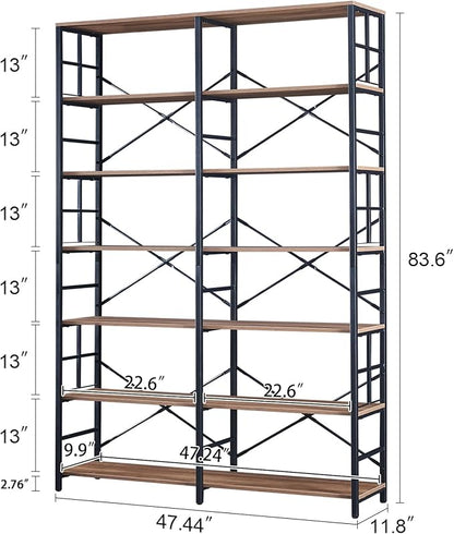 HOMISSUE Bookshelf, Industrial Double Wide 7-Tier Bookshelves, 84" Tall Bookcase with Open Shelves, Heavy Duty Bookcases with Storage for Living Room Home Office, Rustic Brown