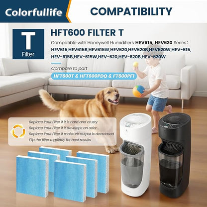 Colorfullife 6 Pack Humidifier Wicking Filter T for Honeywell Top Fill Tower Humidifier HEV615, HEV620, Upgraded HFT600PF1 Replacement Filter T with Blue Pre-Filter, Replace Parts HFT600T HFT600PDQ