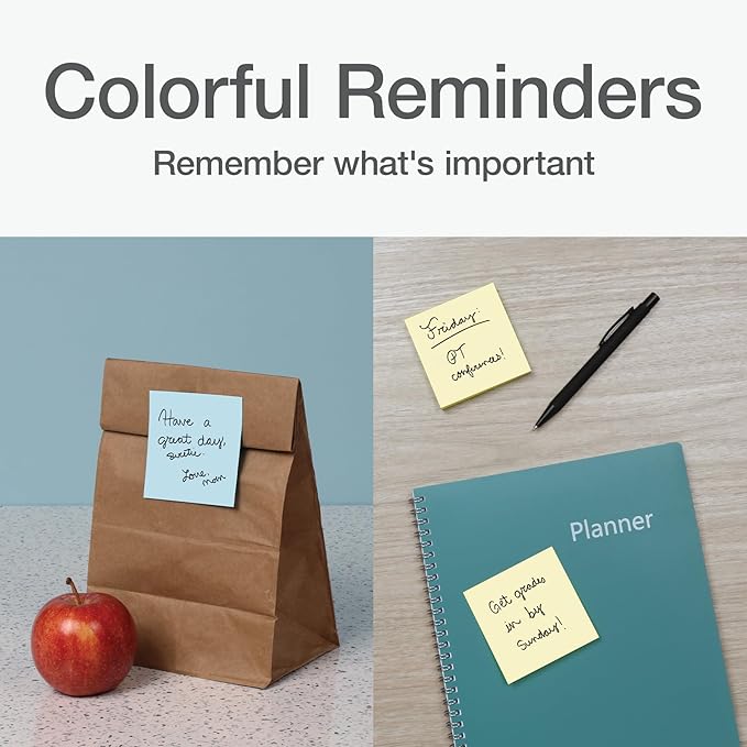 Redi-Tag Power Stick Notes, 12 Sticky Note Pads, 3 x 3 inch, Sticky Notes for School, Office, Home and Classroom, 4 Pastel Colors: Yellow, Blue, Green and Pink, 12 Pads Per Pack (1014129)