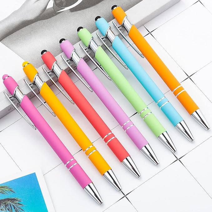 PASISIBICK 12 Pieces Rainbow Rubberized Soft Touch Ballpoint Pen with Stylus Tip, Stylish, Premium Metal Pen, Black Ink, Medium Point(Pack of 12)
