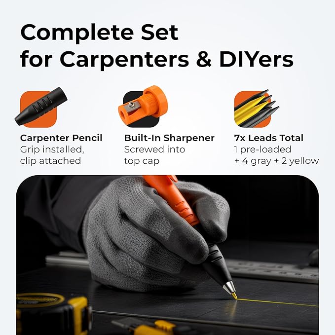 THORVALD New 3-in-1 Carpenter Pencils with Finger Grip for Construction - Incl. 7 Leads + Sharpener - Solid Mechanical Pencils with Fine Point/Best Marking tools Construction/Carpenters/Scriber