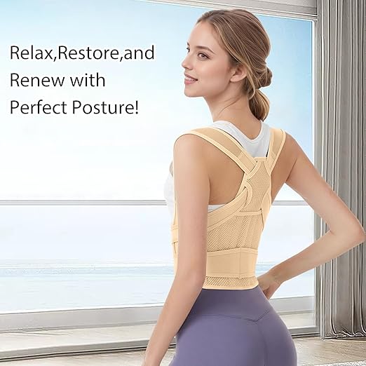 Posture Corrector for Women & Men, Adjustable Back Brace with Full Back & Shoulder Support, Spine Alignment for Upper Back Pain Relief, Scoliosis & Hunchback(Beige,Large)