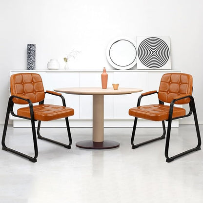 CLATINA Office Guest Chair, Leather Reception Chairs with Padded Arms, Desk Chair No Wheels Stationary for Conference Lobby Waiting Room Training Side Elderly, Set of 6-Orange