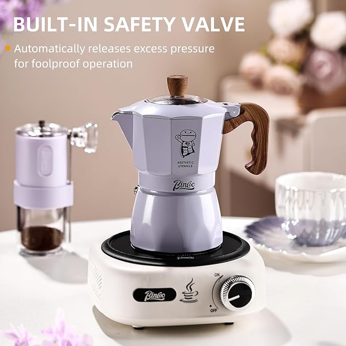 Bincoo Espresso Maker Stovetop - 2 Cup/120ML Small Stove Top Espresso Italian Coffee Maker, Camping Moka Pot- Portable, Ideal for Home and Camping (Purple)