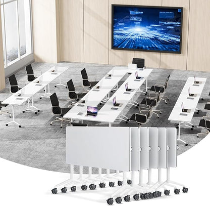 Conference Table, Foldable Conference Room Tables with Silent Wheels, Folding Modular Seminar Meeting Tables, Modern Rectangle Training Table for Office, Boardroom (6, White, 70.8)