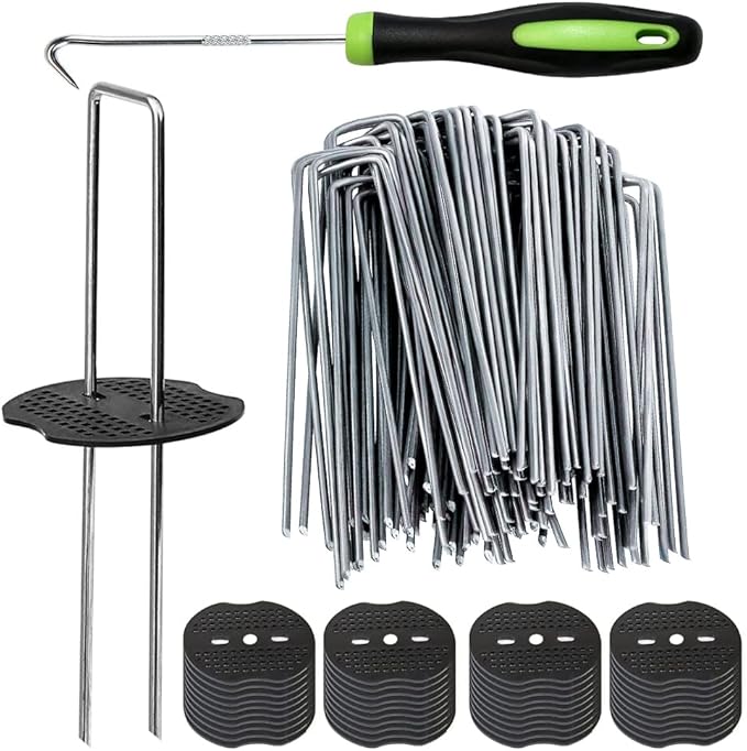 Bakulyor 150Pcs Landscape Staples + 150Pcs Gasket, 6 Inch Garden Stakes Staples 11 Gauge U Shaped Galvanized Lawn Landscape Pins, Heavy Duty Yard Ground Pin for Weed Barrier Sod Fabric Decorations