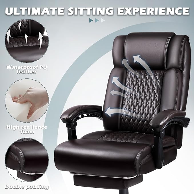 Big and Tall Office Chair with Foot Rest 400lbs, Heavy Duty Executive Leather Office Chair for Heavy People, Comfy High Back Ergonomic Office Desk Chair with Footrest and Lumbar Support, Brown