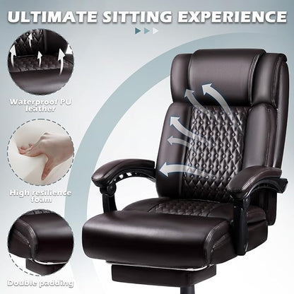Big and Tall Office Chair with Foot Rest 400lbs, Heavy Duty Executive Leather Office Chair for Heavy People, Comfy High Back Ergonomic Office Desk Chair with Footrest and Lumbar Support, Brown