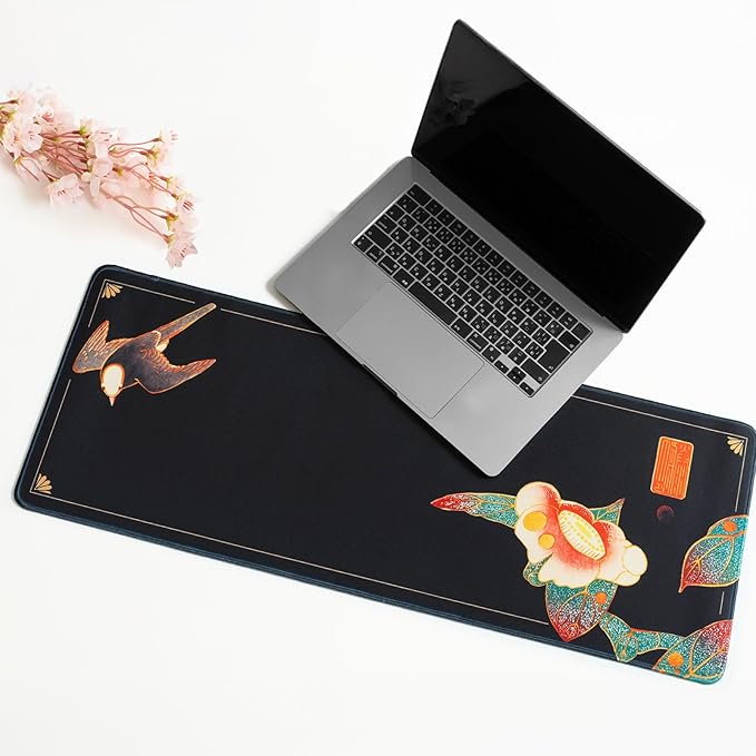 BELLEMOND Japanese Art Desk Mat | Large 31.5x11.8in Desk Pad | Mouse Pad for Keyboard & Mouse | Non-Slip Base, Water-Repellent, Smooth Precision | Camellia Silence