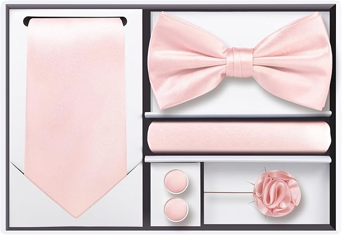 TIE G 5pcs Tie Set in WHITE OR BLACK GIFT BOX: Solid Color Necktie, Satin Bow Tie, Pocket Square, Lapel, Cuff Links