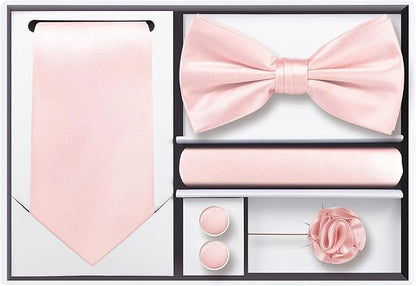 TIE G 5pcs Tie Set in WHITE OR BLACK GIFT BOX: Solid Color Necktie, Satin Bow Tie, Pocket Square, Lapel, Cuff Links