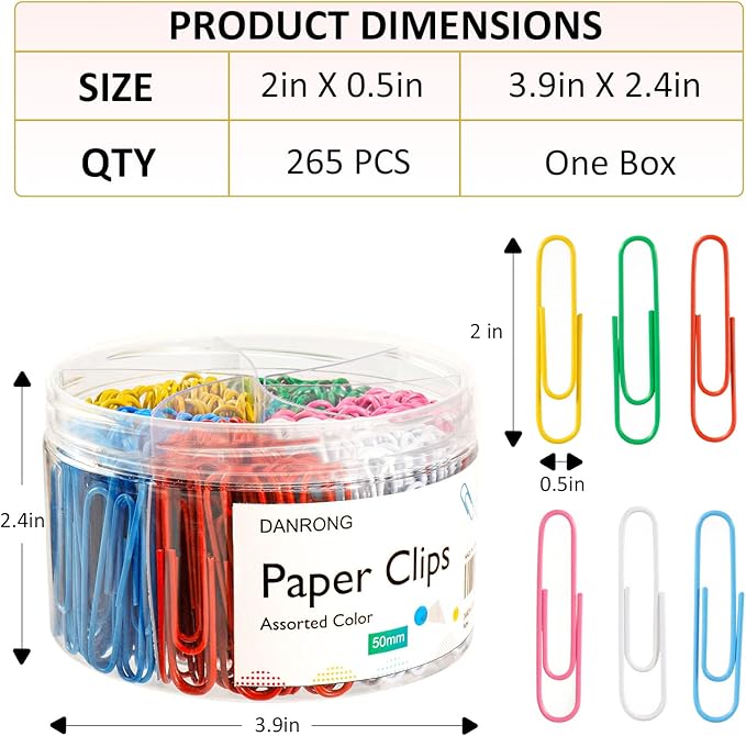 Jumbo Paper Clips,265 PCS (2 Inch) Large Paperclips Colorful Clips for Paperwork Ideal for Home, School and Office Use Colored