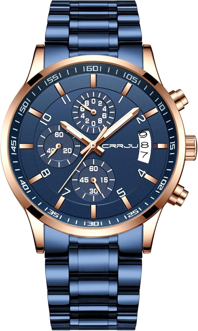 CRRJU Men's Fashion Stainless Steel Watches Date Waterproof Chronograph Wristwatches,Black Steel Band Waterproof Quartz Watch for Men
