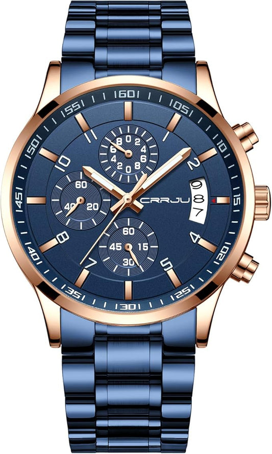 CRRJU Men's Fashion Stainless Steel Watches Date Waterproof Chronograph Wristwatches,Black Steel Band Waterproof Quartz Watch for Men