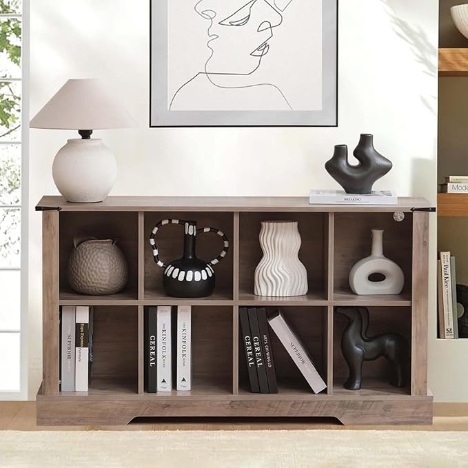 8 Cube Storage Organizer with LED Lights, Wooden Bookcase with Storage, Modern Cube Shelf for Living Room, Bedroom, Home Office - Grey