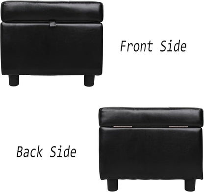 H&B Luxuries Tufted Leather Square Flip Top Storage Ottoman Cube Foot Rest (Black)