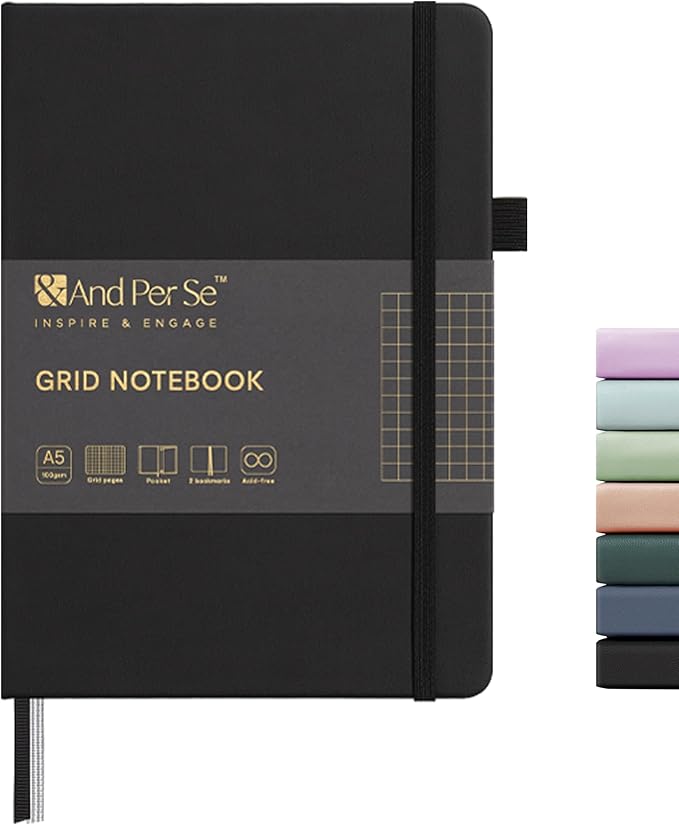 160 Pages, A5 5.7 x 8 inches 100 gsm Thick Paper Notebook Journals for Writing, Grid Hardcover Notebook(1 Pack, black)