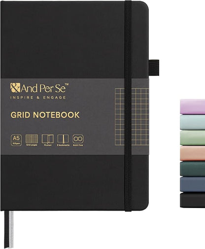 160 Pages, A5 5.7 x 8 inches 100 gsm Thick Paper Notebook Journals for Writing, Grid Hardcover Notebook(1 Pack, black)