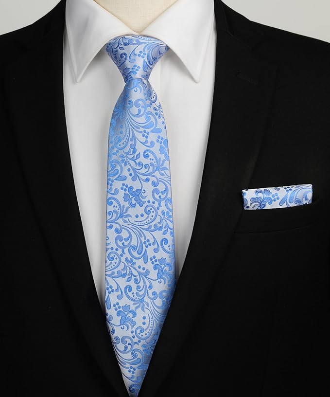 HISDERN Men Floral Ties Woven Classic 3.4" Necktie Set Formal Tie Pocket Square for Wedding with Handkerchief Gift Box