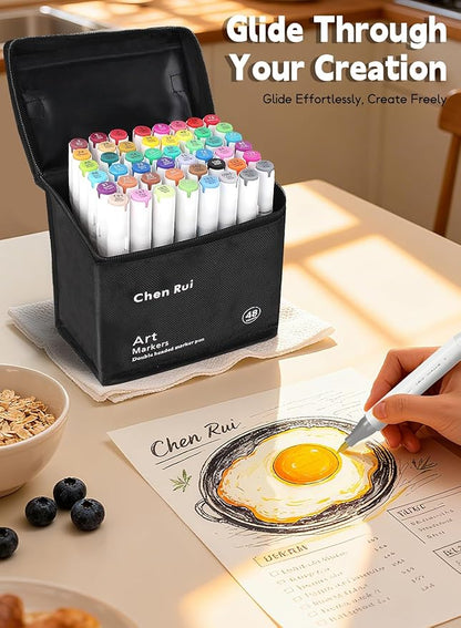 YHC 48 Alcohol Brush Marker with Free App, Chen Rui Dual Tips Art Markers for Adults, Alcohol Based Brush & Chisel Tips Markers for Drawing, Coloring, Painting, Sketching
