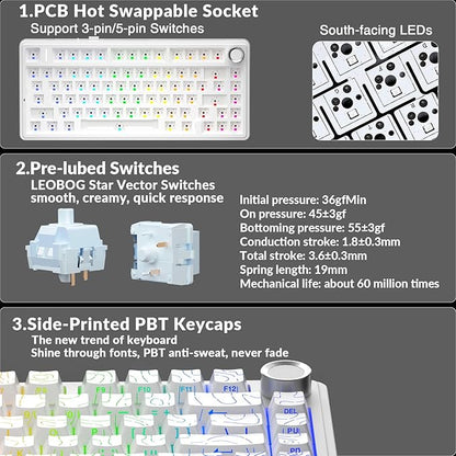 AULA F75 Pro Wireless Mechanical Keyboard with Knob,75% Hot Swappable Custom Gaming Keyboards,RGB Backlit,Pre-lubed Switches,Side Printed PBT Keycaps Creamy Sounding Computer Keyboard, Line White