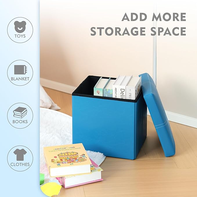 B FSOBEIIALEO Folding Storage Ottoman Cube, Faux Leather Footrest Seat Coffee Table, Blue 11.8"x11.8"x11.8"