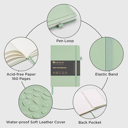 160 Pages, A5 5.7 x 8 inches 100 gsm Thick Paper Notebook Journals for Writing, Grid Hardcover Notebook(1 Pack, Light Green)