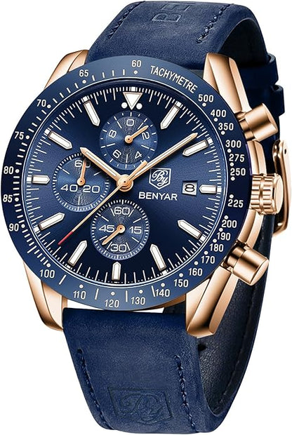 BY BENYAR Watch for Men Analog Quartz Chronograph Waterproof Luminous Designer Mens Wrist Watches Business Work Sport Casual Dress Watch with Silicone Strap Elegant Gifts for Men