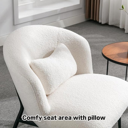 DUOMAY Modern Accent Chair, Sherpa Upholstered Leisure Boucle Single Sofa Lounge Chair with Lumbar Pillow Metal Legs Slipper Chair for Living Room Bedroom Office, White