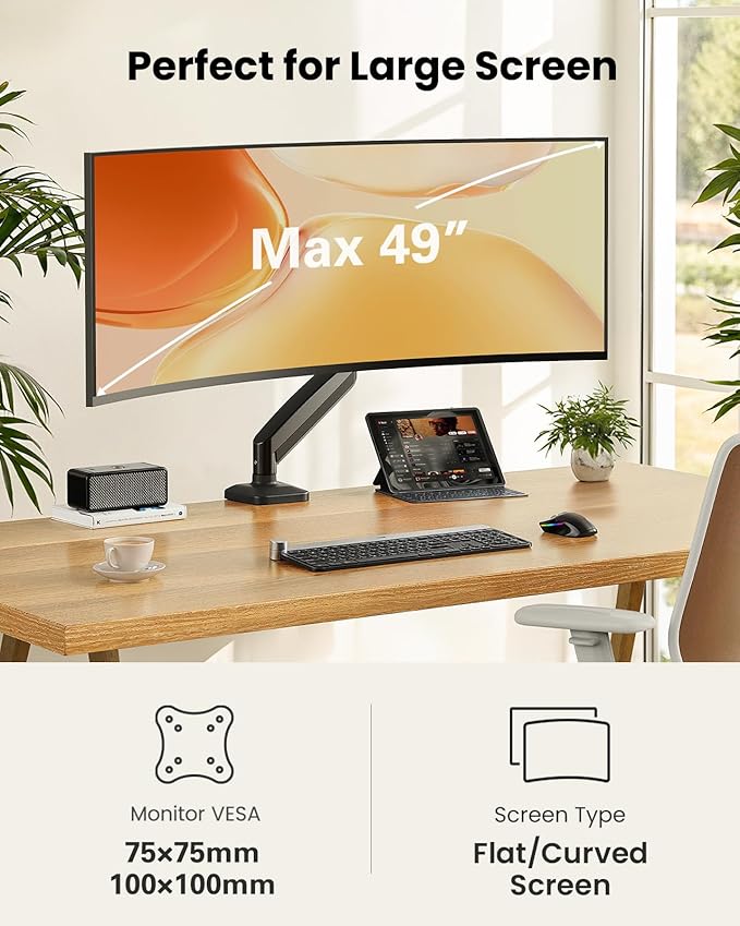ErGear Single Monitor Arm, Adjustable Monitor Mount for 13–49 inch Screens, Computer Monitor Stand with VESA Mount, C-Clamp & Grommet Base, Max Load 22 lbs, Max VESA 100x100mm, EGSS25B